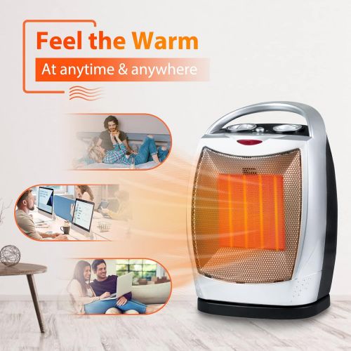  GiveBest Oscillating Portable Ceramic Space Heater, Electric Heater with Thermostat Overheat Protection and Tip Over Protection, 750/1500W Personal Heater with Carrying Handle, Silver and B