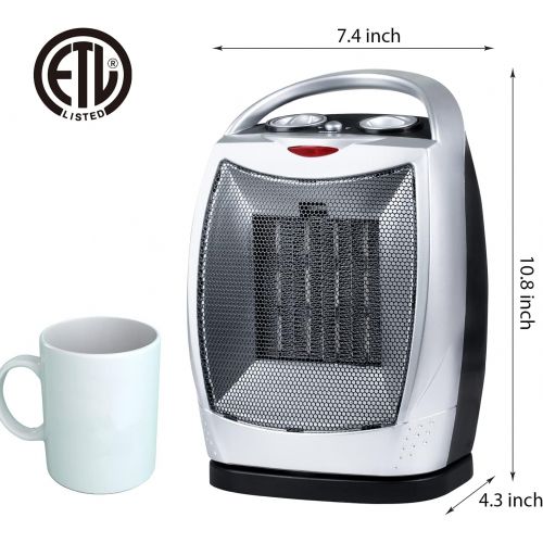  GiveBest Oscillating Portable Ceramic Space Heater, Electric Heater with Thermostat Overheat Protection and Tip Over Protection, 750/1500W Personal Heater with Carrying Handle, Silver and B