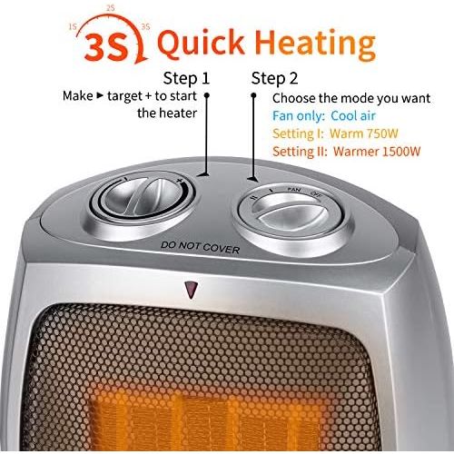  GiveBest Ceramic Space Heater, 750W/1500W Portable Electric Heater with Adjustable Thermostat, Normal Fan and Safety Tip Over Switch for Bedroom Office Desk Indoor Use