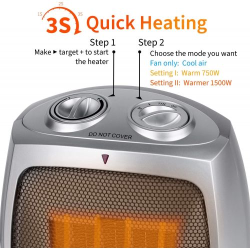  GiveBest Ceramic Space Heater, 750W/1500W Portable Electric Heater with Adjustable Thermostat, Normal Fan and Safety Tip Over Switch for Bedroom Office Desk Indoor Use