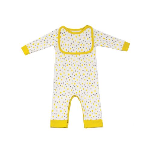  Givesie 100% Organic Cotton Bodysuit Yellow Grey Diamond Print - Matching Square Style Snap-On Bib