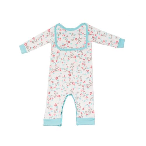  Givesie 100% Organic Cotton Baby Bodysuit Blue Floral Print - Matching Square Style Snap-On Bib