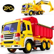 [아마존 핫딜] [아마존핫딜]Gizmovine Car Toys Early Construction Toys Vehicles 1:16 Scale Excavator Toy and Dumper Truck Toy Set of 2 Friction Powered with LED and Sounds Outside Toys for Toddler Boy Kids 2,