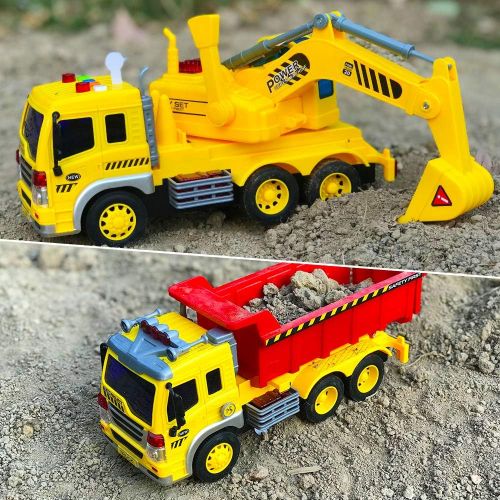  [아마존 핫딜] [아마존핫딜]Gizmovine Car Toys Early Construction Toys Vehicles 1:16 Scale Excavator Toy and Dumper Truck Toy Set of 2 Friction Powered with LED and Sounds Outside Toys for Toddler Boy Kids 2,