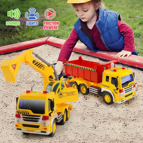 [아마존 핫딜] [아마존핫딜]Gizmovine Car Toys Early Construction Toys Vehicles 1:16 Scale Excavator Toy and Dumper Truck Toy Set of 2 Friction Powered with LED and Sounds Outside Toys for Toddler Boy Kids 2,