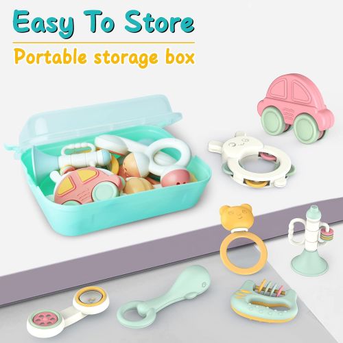  Gizmovine 10pcs Baby Toys Rattles Set, Infant Grasping Grab Toys, Spin Shaking Bell Musical Toy Set Early Educational Toys with Storage Box for Toddler Newborn Baby 3, 6, 9, 12 Mon