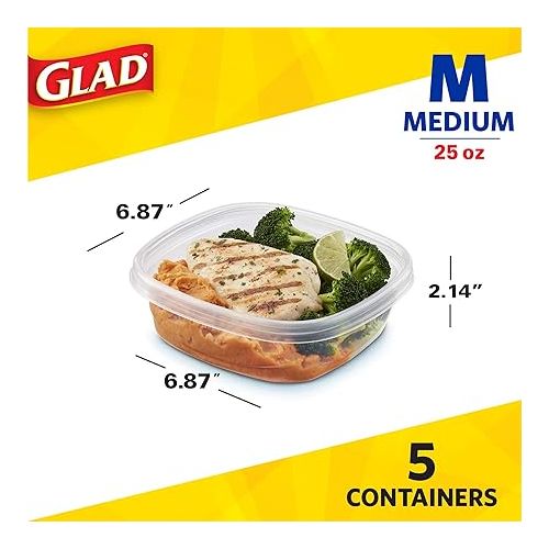  Glad Medium Square Food Storage Containers for Everyday Use | Medium Square Food Storage Containers Hold up to 25 Ounces of Food (25 Oz) |5 Count, Standard Food Containers, Blue, Clear