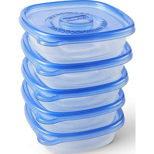  Glad Medium Square Food Storage Containers for Everyday Use | Medium Square Food Storage Containers Hold up to 25 Ounces of Food (25 Oz) |5 Count, Standard Food Containers, Blue, Clear