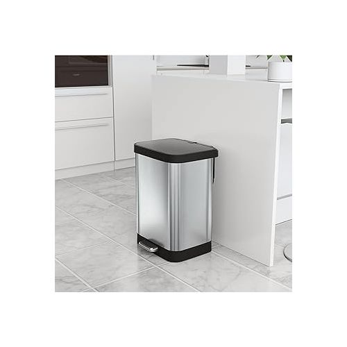  Glad GLD-74506 Stainless Steel Step Trash Can with Clorox Odor Protection | Large Metal Kitchen Garbage Bin with Soft Close Lid, Foot Pedal and Waste Bag Roll Holder, 13 Gallon, Stainless