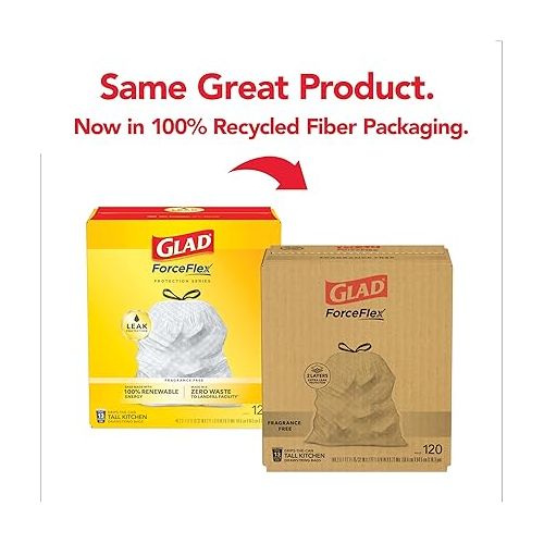  Glad Trash Bags, ForceFlex Tall Kitchen Drawstring Garbage Bags, 13 Gallon, Unscented, 120 Count.