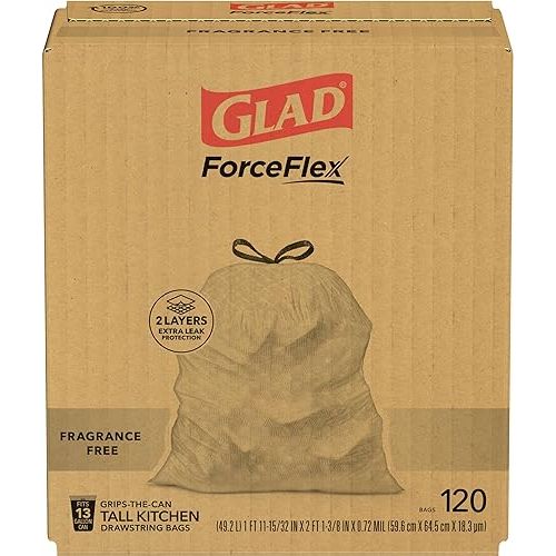  Glad Trash Bags, ForceFlex Tall Kitchen Drawstring Garbage Bags, 13 Gallon, Unscented, 120 Count.