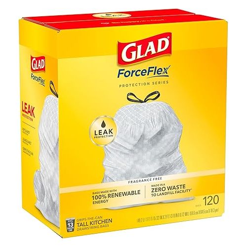  Glad Trash Bags, ForceFlex Tall Kitchen Drawstring Garbage Bags, 13 Gallon, Unscented, 120 Count.