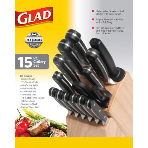  Glad GLAD GLD-79061 Kitchen 15 pc Pro Series Knife Set, Includes Shear, Sharpening Tool & Block | High Carbon Stainless Steel with Satin Finish, Tripl, One Size