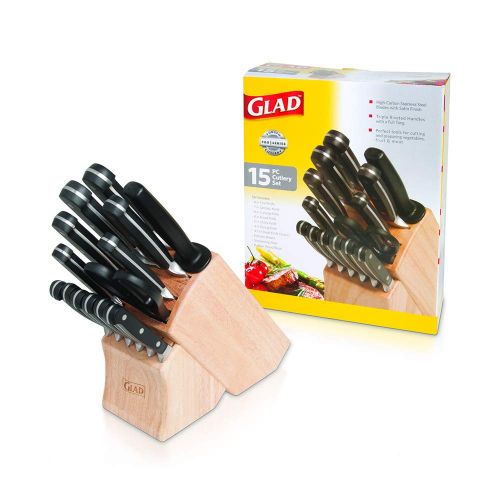  Glad GLAD GLD-79061 Kitchen 15 pc Pro Series Knife Set, Includes Shear, Sharpening Tool & Block | High Carbon Stainless Steel with Satin Finish, Tripl, One Size