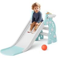 Glaf Toddler Slide for Age 1-3 Kids Baby Slide Indoor Playset Outdoor Playground Plastic Foldable Slides for Toddlers Backyard Climber Set with Stairs Basketball Hoop and Ball (Mint)