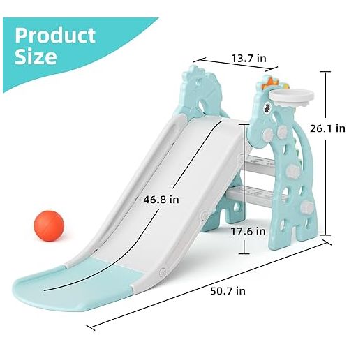  Glaf Toddler Slide for Age 1-3 Kids Baby Slide Indoor Playset Outdoor Playground Plastic Foldable Slides for Toddlers Backyard Climber Set with Stairs Basketball Hoop and Ball (Mint)