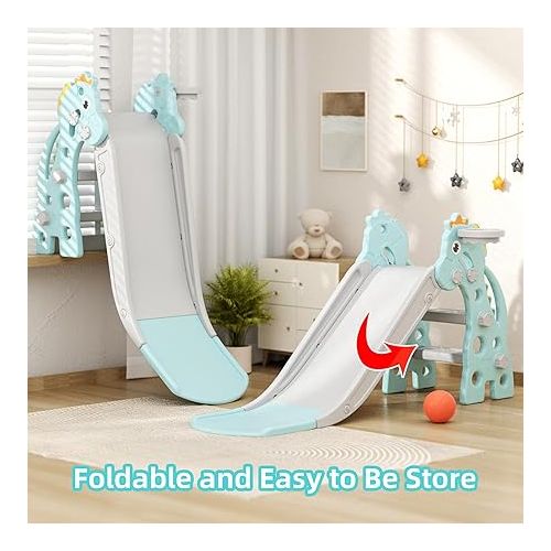  Glaf Toddler Slide for Age 1-3 Kids Baby Slide Indoor Playset Outdoor Playground Plastic Foldable Slides for Toddlers Backyard Climber Set with Stairs Basketball Hoop and Ball (Mint)