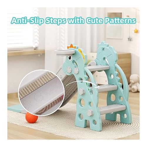  Glaf Toddler Slide for Age 1-3 Kids Baby Slide Indoor Playset Outdoor Playground Plastic Foldable Slides for Toddlers Backyard Climber Set with Stairs Basketball Hoop and Ball (Mint)