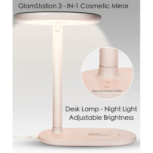  Glamstation GlamStation Mini Makeup Mirror with Lights - 3 in 1 Vanity Mirror, LED Desk Lamp, and Wireless Phone Charger - Dimmable (Pink)