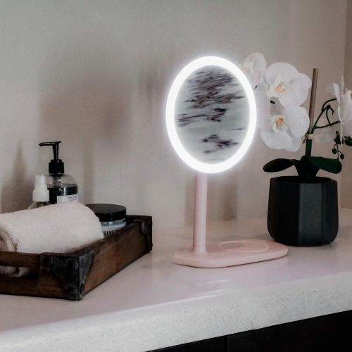  Glamstation GlamStation Mini Makeup Mirror with Lights - 3 in 1 Vanity Mirror, LED Desk Lamp, and Wireless Phone Charger - Dimmable (Pink)