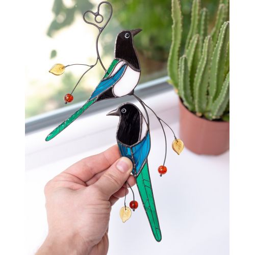  GlassArtStories Magpie stained glass bird suncatcher birthday gift for mom, parents, friend, wife