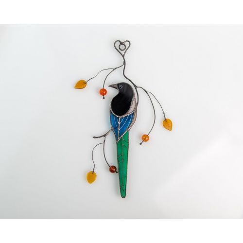  GlassArtStories Magpie stained glass bird suncatcher birthday gift for mom, parents, friend, wife