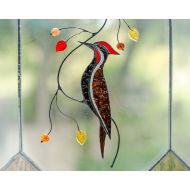 /GlassArtStories Woodpecker Stained glass suncatcher Custom stained glass bird on a branch