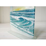 GlassRelief The Rolling Wave Sunrise-FREE UK SHIPPING- Turquoise/Blue Wave Panel Fused Glass Coastal Scene Windowsill Stand 15cm D2 sunrise(6) square