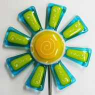 Glassworksnorthwest Glassworks Northwest - Aqua and Lemongrass Flower Stake - Fused Glass Garden Art