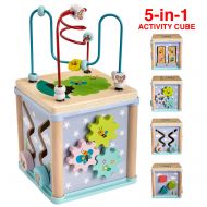 Gleeporte New | 5-in-1 Wooden Activity Play Cube | Deluxe Multi-Function Bead Maze Learning Toy for Toddlers and Kids | Ideal Gift