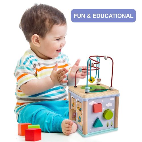  Gleeporte New | 5-in-1 Wooden Activity Play Cube | Deluxe Multi-Function Bead Maze Learning Toy for Toddlers and Kids | Ideal Gift