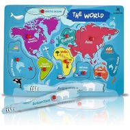 [아마존베스트]Gleeporte Wooden Peg Puzzle, World Map Theme - Learning Educational Pegged Puzzle for Toddler & Kids - 7 Continents & 4 Oceans (11 pcs)