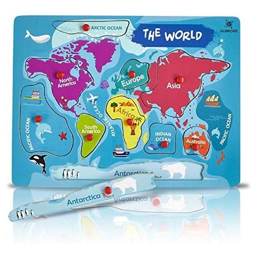  [아마존베스트]Gleeporte Wooden Peg Puzzle, World Map Theme - Learning Educational Pegged Puzzle for Toddler & Kids - 7 Continents & 4 Oceans (11 pcs)