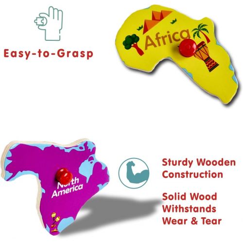  [아마존베스트]Gleeporte Wooden Peg Puzzle, World Map Theme - Learning Educational Pegged Puzzle for Toddler & Kids - 7 Continents & 4 Oceans (11 pcs)