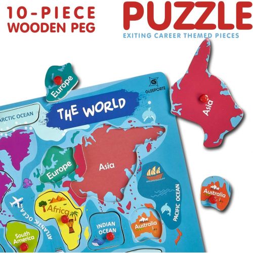 [아마존베스트]Gleeporte Wooden Peg Puzzle, World Map Theme - Learning Educational Pegged Puzzle for Toddler & Kids - 7 Continents & 4 Oceans (11 pcs)