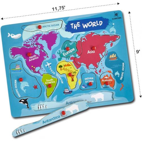  [아마존베스트]Gleeporte Wooden Peg Puzzle, World Map Theme - Learning Educational Pegged Puzzle for Toddler & Kids - 7 Continents & 4 Oceans (11 pcs)