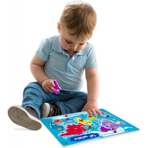  [아마존베스트]Gleeporte Wooden Peg Puzzle, World Map Theme - Learning Educational Pegged Puzzle for Toddler & Kids - 7 Continents & 4 Oceans (11 pcs)