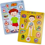 [아마존베스트]Wooden Peg Puzzle, My Body - Inside & Outside Parts - Pack of 2 Learning Educational Pegged Puzzle Boards for Toddler & Kids - (Set of 2) Gleeporte