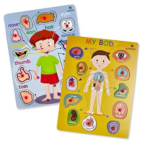  [아마존베스트]Wooden Peg Puzzle, My Body - Inside & Outside Parts - Pack of 2 Learning Educational Pegged Puzzle Boards for Toddler & Kids - (Set of 2) Gleeporte