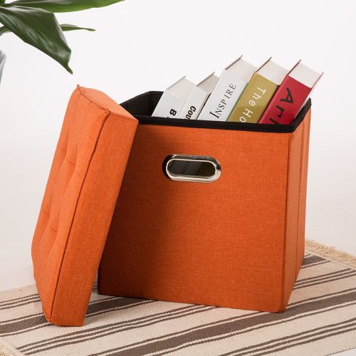  Glitzhome Foldable Linen Cube Storage Ottoman with Padded Seat (Orange Set of 2)