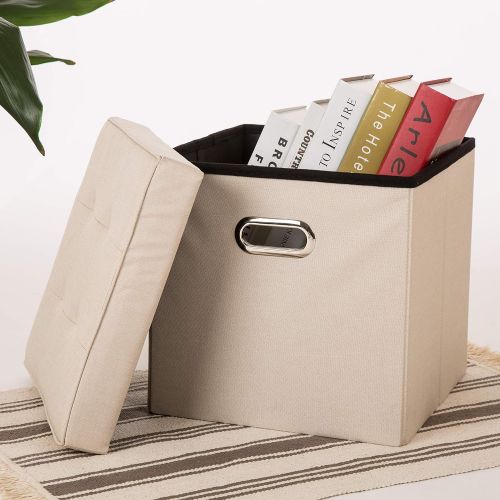  Glitzhome Foldable Linen Storage Ottoman Storage Cubes with Padded Seat Foot Rest, Cream