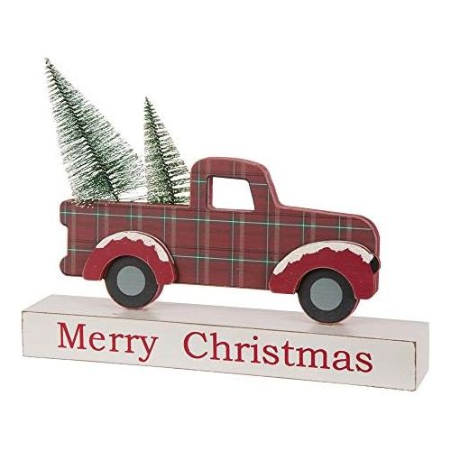  glitzhome Vintage Christmas Table Centerpiece Merry Christmas Wooden Pickup Truck Decor with Tree Country Christmas Decor for Fireplace Mantle, 12.81 Inches