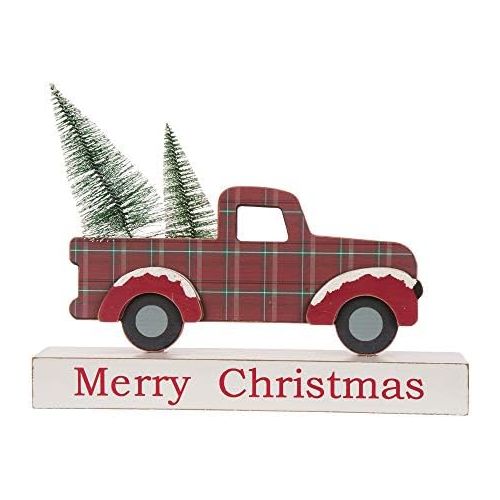  glitzhome Vintage Christmas Table Centerpiece Merry Christmas Wooden Pickup Truck Decor with Tree Country Christmas Decor for Fireplace Mantle, 12.81 Inches