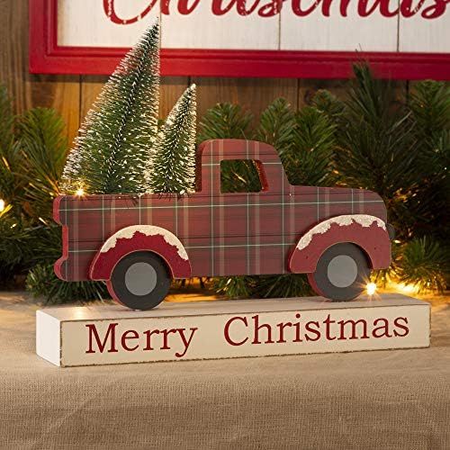  glitzhome Vintage Christmas Table Centerpiece Merry Christmas Wooden Pickup Truck Decor with Tree Country Christmas Decor for Fireplace Mantle, 12.81 Inches