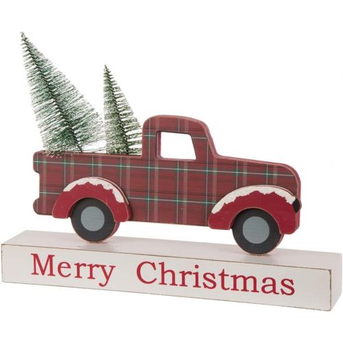  glitzhome Vintage Christmas Table Centerpiece Merry Christmas Wooden Pickup Truck Decor with Tree Country Christmas Decor for Fireplace Mantle, 12.81 Inches