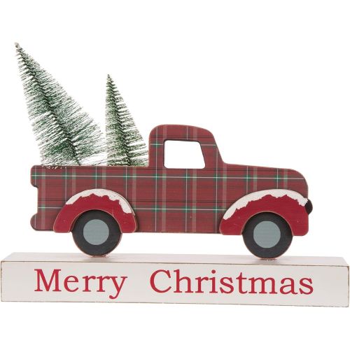  glitzhome Vintage Christmas Table Centerpiece Merry Christmas Wooden Pickup Truck Decor with Tree Country Christmas Decor for Fireplace Mantle, 12.81 Inches