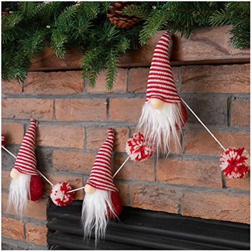  glitzhome Fabric Christmas Gnome Gardland Gnome Banners Christmas Holiday Party Hanging Decorations for Home Fireplace Office Windows Table Wall Christmas Tree, 6 Feet Red and Whit