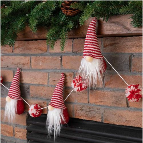  glitzhome Fabric Christmas Gnome Gardland Gnome Banners Christmas Holiday Party Hanging Decorations for Home Fireplace Office Windows Table Wall Christmas Tree, 6 Feet Red and Whit