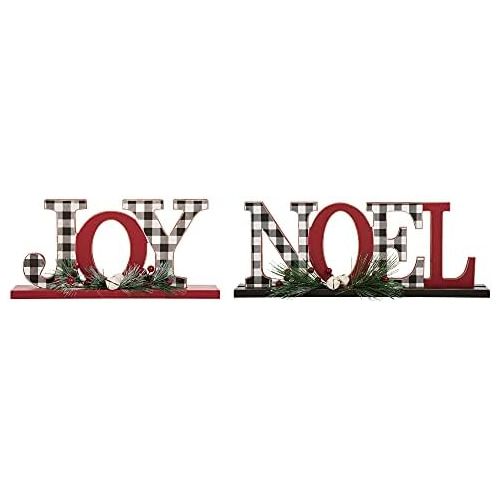  glitzhome Joy Noel Christmas Centerpiece Table Decorations Set of 2 Wooden Plaid Joy Noel Decorative Display Sign on Table Fireplace Christmas Table Decor Rustic Xmas Desk Decor fo