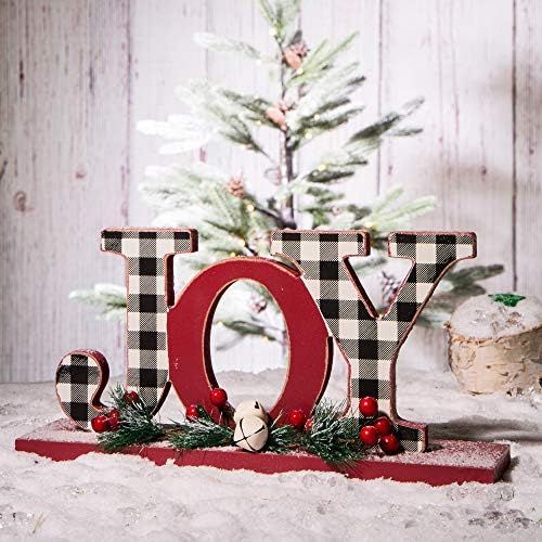  glitzhome Joy Noel Christmas Centerpiece Table Decorations Set of 2 Wooden Plaid Joy Noel Decorative Display Sign on Table Fireplace Christmas Table Decor Rustic Xmas Desk Decor fo